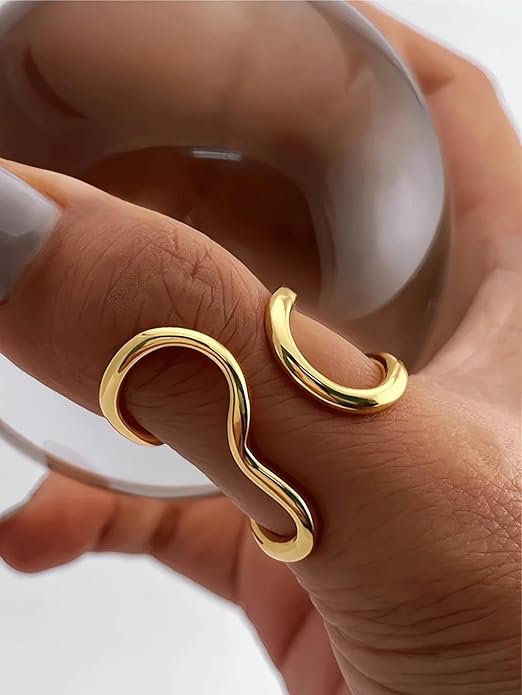Chunky Rings For Women, Gold Silver Thumb Ring Asymmetrical Wavy Curve Ring Adjustable Non Tarnish Dainty Stainless Steel New Year Anniversary Birthday Jewelry Gift