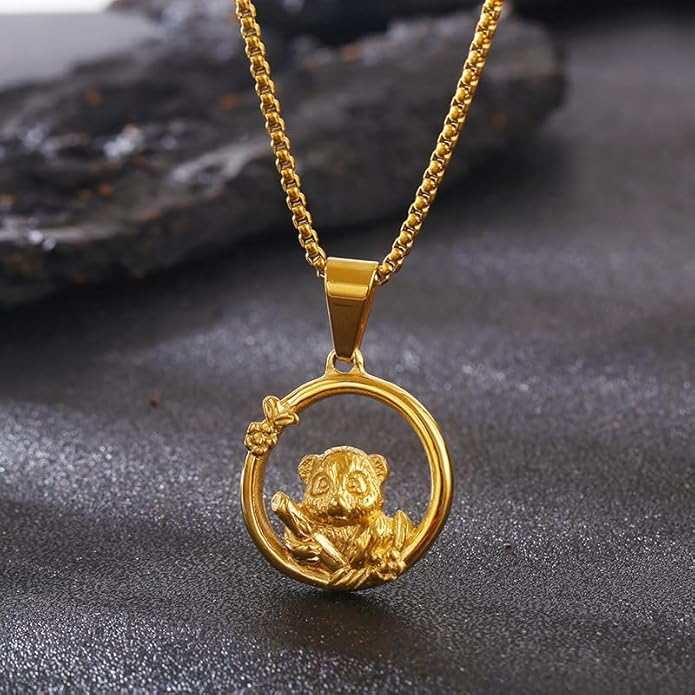 Animal-inspired steampunk-style circular openwork adorable panda stainless steel pendant necklace