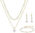 YADOCA Gold Jewelry Set for Women - 16K Gold Plated Pearl Necklace and Earring Set With Drop Earrings,Charm Layered Necklace,Adjustable Bracelets - Dainty Women's Pearl Jewelry Set For Wedding Gifts