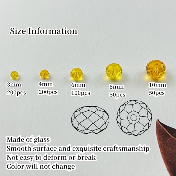 600pcs Crystal Glass Beads 3mm 4mm 6mm 8mm 10mm Rondelle Faceted Crystal Beads Spacer Beads for Necklace Bracelet Earrings DIY Jewelry Crafts Making Supplies(Gold Yellow)