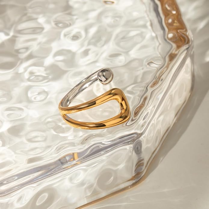 Chunky Rings For Women, Gold Silver Thumb Ring Asymmetrical Wavy Curve Ring Adjustable Non Tarnish Dainty Stainless Steel New Year Anniversary Birthday Jewelry Gift