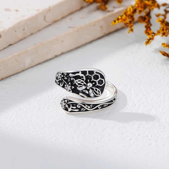 LOANGO Spoon Ring for Women 925 Sterling Silver Spoon Rings Adjustable Oxidized Vintage Thumb Rings Sunflower Hummingbird Butterfly Bee Cardinal Jewelry Gifts for Women Men