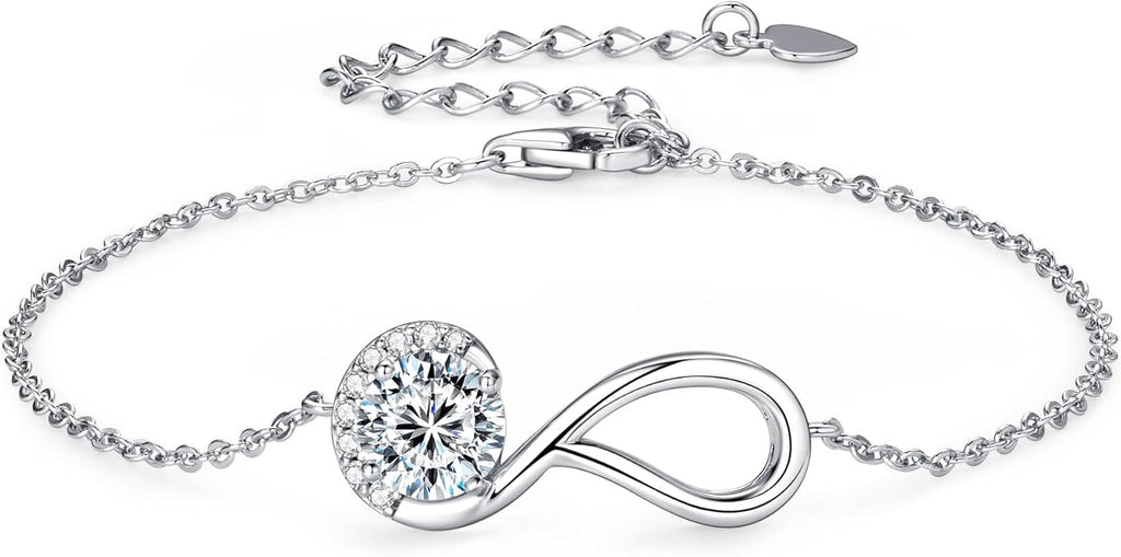 1ct Moissanite Infinity Bracelet, D Color VVS1 925 Sterling Silver Link Bracelet, Adjustable Chain for Women Wife Mom Birthday Jewelry Gifts