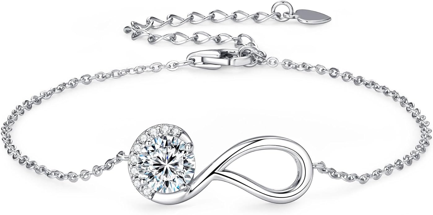 1ct Moissanite Infinity Bracelet, D Color VVS1 925 Sterling Silver Link Bracelet, Adjustable Chain for Women Wife Mom Birthday Jewelry Gifts