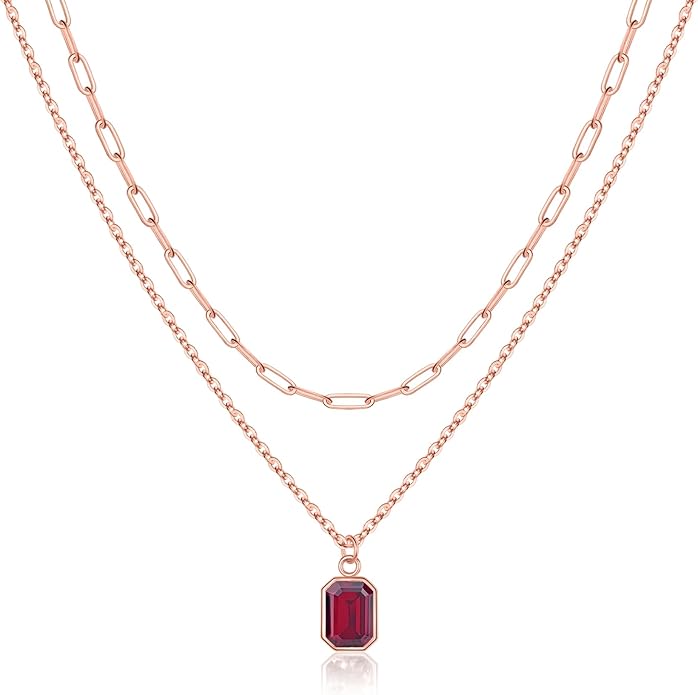 Layered Birthstone Necklace for Women Girls, 14K Gold-Plated Paperclip Chain Choker Necklace with Rectangle Birthstone Pendant Birthday Gifts for Women Girls Dainty Small