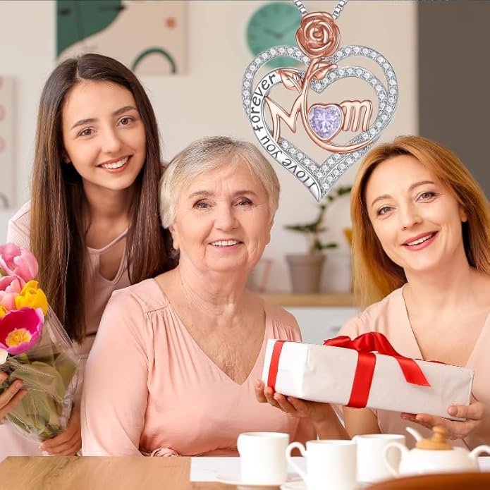 Rose Birthstone Gifts for Mom, S925 Sterling Silver Rose Heart Pendant Birthstone Necklace Mothers Day Valentines Day Christmas Birthday Jewelry Gifts for Mom