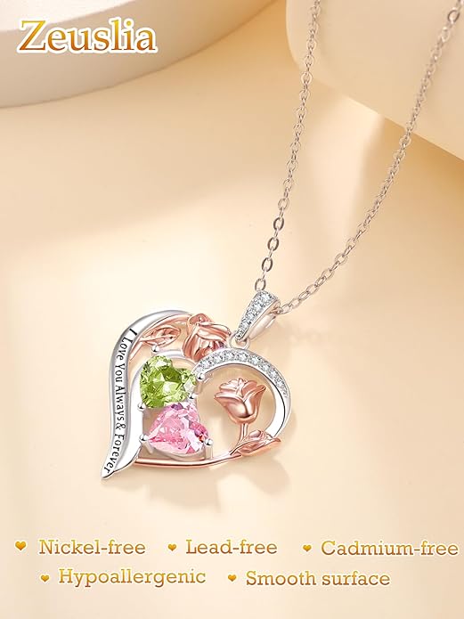 Valentine's Day Gifts for Wife 925 Sterling Silver Double Birthstone Pendant Necklaces I Love You for Always and Forever Necklace Anniversary Birthday Gifts for Wife Girlfriend Mom Her