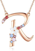 Flower Initial Letter Necklace Pink Red Blue Simulated Pearl Pendant Name Jewelry Made with Austrian Crystals Rose Gold Plated Anniversary Birthday Gifts for Women,18"+2"