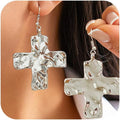 Chunky Gold Big Hammered Cross Drop Dangle Earrings for Women Trendy, Bold Thick Large Silver Cross Hook Earrings Dainty Vintage Faith Chain Jewelry