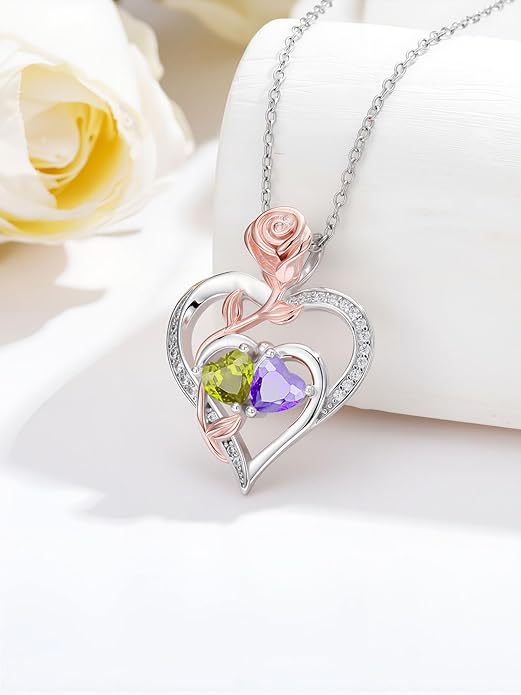 Rose Flower Heart Pendant for Women Birthday Gifts 18k Gold Plated Mother Daughter Necklace with 12 Months Birthstone Christmas Valentines Day Gifts for Her Mom Anniversarry Jewelry for Mom Wife Girlfriend