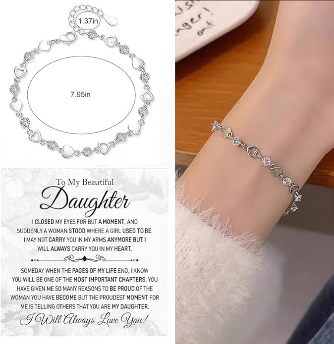 To My Daughter Bracelet, Silver Heart Chain Bracelet with Shiny Stones, Perfect Birthday or Graduation Christmas Gift for Daughter with Message Card Gift Box