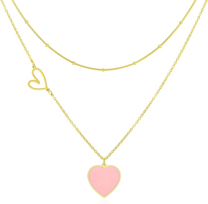 Linawe Layered Choker Heart Pendant Necklace for Women Trendy, Gold/Silver/Rose Gold Chain Stainless Steel Stacked Necklaces, Double Heart Necklace Y2K Preppy Jewelry