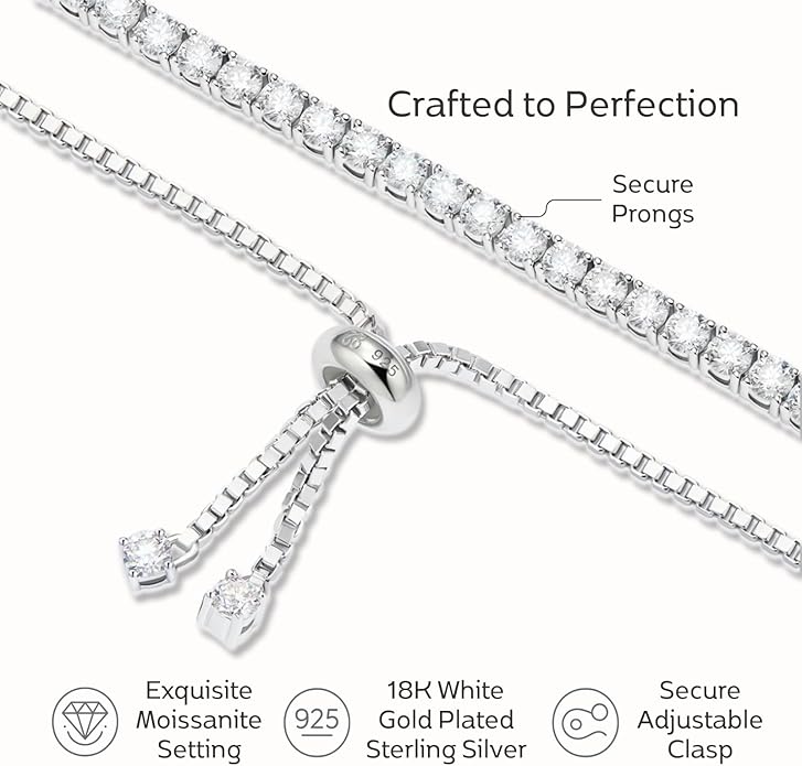 LOVE&LOVE Moissanite Tennis Bracelet for Women, Adjustable 18K Gold Plated 925 Sterling Silver Bracelet, 3/4mm D VVS1 Round Cut, Luxury Jewelry Gift for Wife Mom Girlfriend Birthday Anniversary