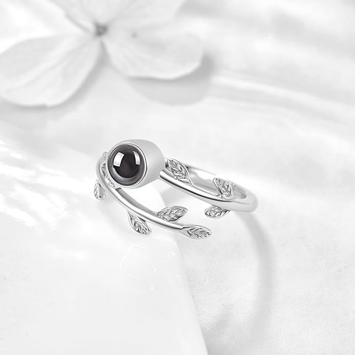 PRAYMOS 925 Sterling Silver Leaf Ring White Opal Moonstone Rings Adjustable Open Ring for Women with Jewelry Box Size 7-9