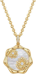 MEVECCO Birth Flower Necklace For Women 18k Gold Plated Mother Of Pearl Disc Floral Pendant Necklace Dainty 12 Birth Month Flower Handmade Personalized Jewelry Anniversary Christmas Birthday Gifts