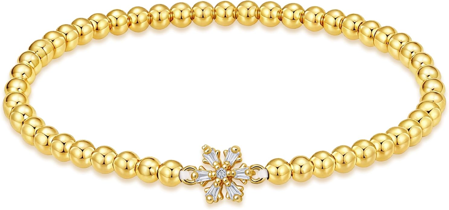 HZDK Gold Bracelets for Women - 14K Gold Plated Beaded Bracelets for Women Gold Jewelry Stackable Charm Bracelet Dainty Stretch Bead Bracelet Christmas Gifts for Her