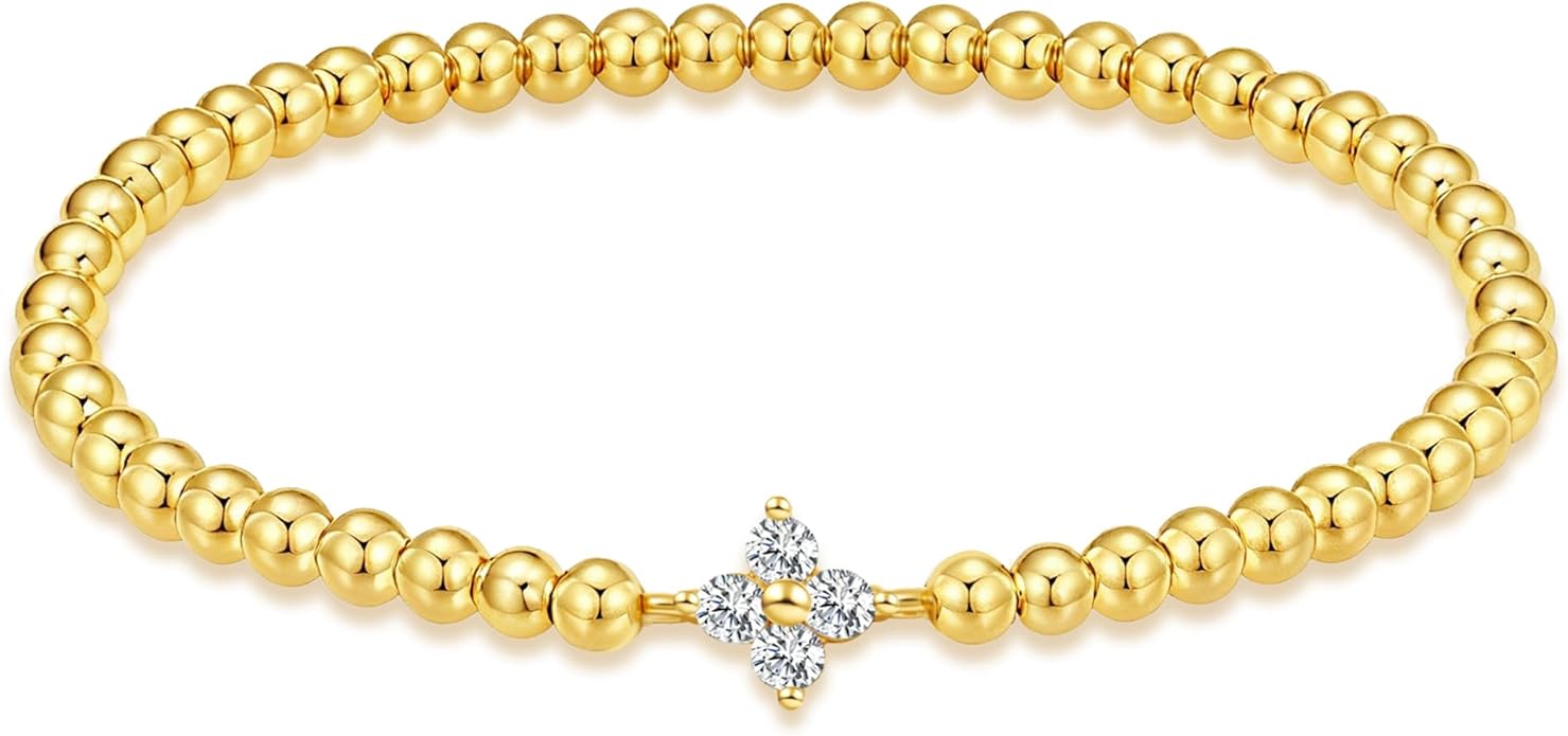 HZDK Gold Bracelets for Women - 14K Gold Plated Beaded Bracelets for Women Gold Jewelry Stackable Charm Bracelet Dainty Stretch Bead Bracelet Christmas Gifts for Her