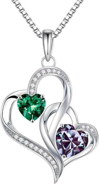 Iefil Valentines Day Gifts for Her - 925 Sterling Silver Double Birthstone Necklace, Heart Necklaces for Women, Anniversary Birthday Gifts, Personalized Jewelry Gift for Wife Mom Girlfriend