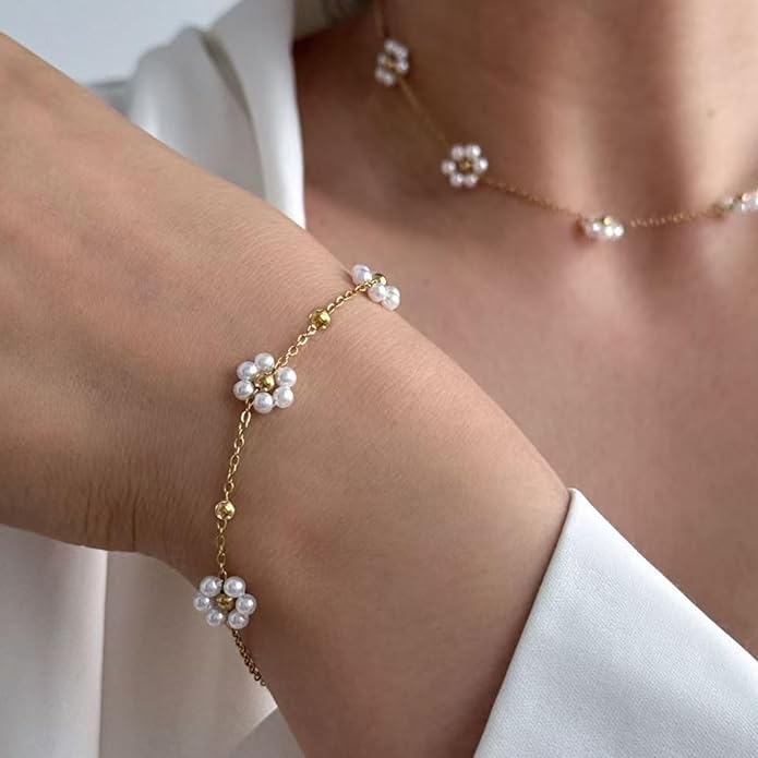 Zeffy Gold Pearl Beaded Bracelet for Women, 14K Gold Plated Jewelry Set With Paperclip Link Chain, Trendy Stack Bracelets