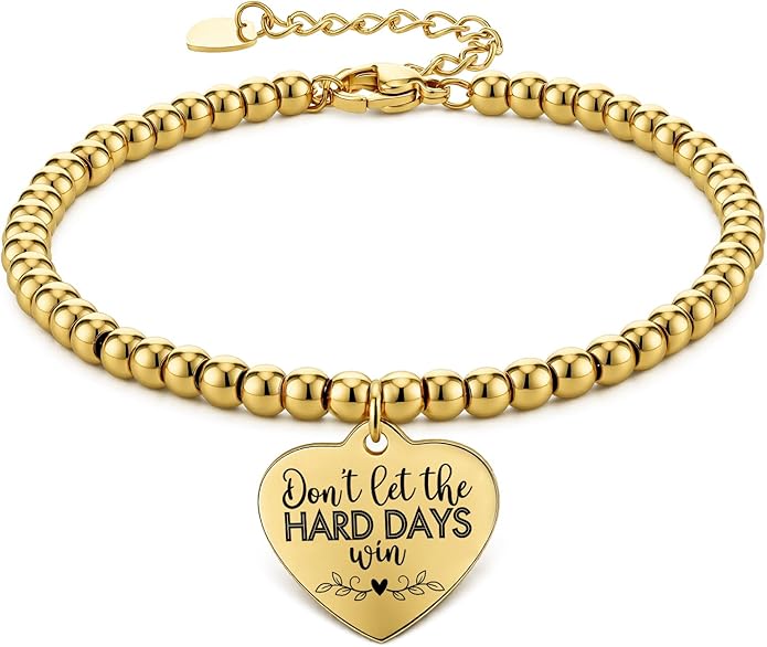 Beaded Gold Bracelet for Women Stretch Handmade Ball Charm Gifts for Women Dainty Don't Let The Hard Days Win Jewelry Charm Gifts for Her