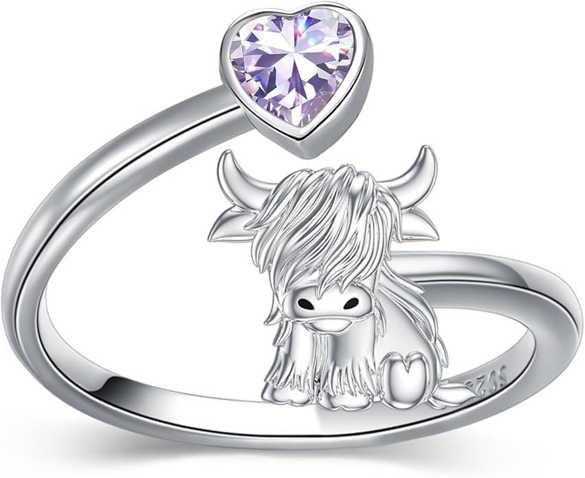 Highland Cow Ring 925 Sterling Silver Adjustable Ring Birthstone Ring Engraved Name Highland Cow Gifts Jewelry for Women