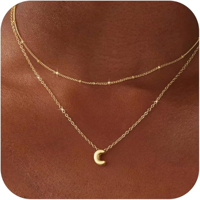 Valentines Day Gifts for Her - Bubble Letter Necklace Layered 14K Gold Plated Initial Necklaces for Women Dainty Cute Choker Pendant Stack Jewelry Fashion Accessories Teen Gift Trendy Stuff