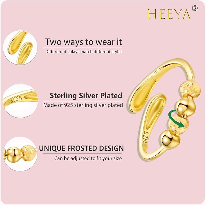 HEEYA Anxiety Rings for Women,Sterling Silver Rings to my Daughter,Adjustable Stress Spinner Ring with Beads,Anxiety Fidget Ring for Women,Thumb Jewelry for Birthday,Christmas with Gift Card