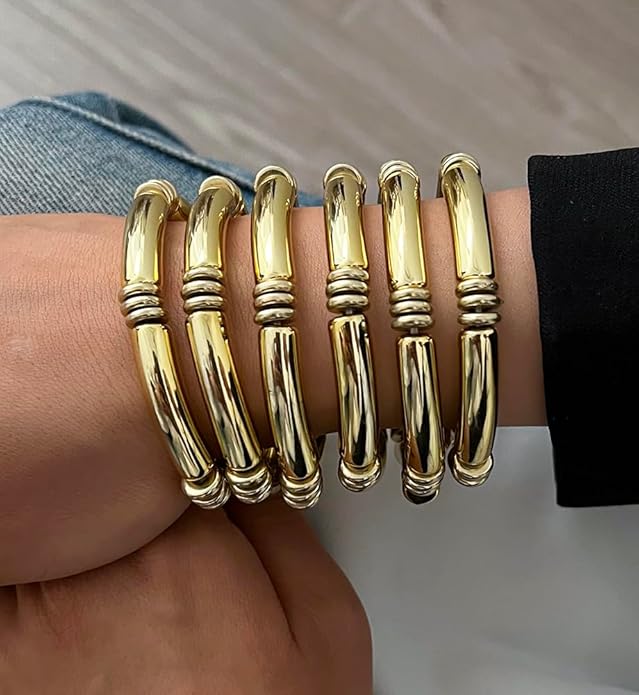 iF YOU 6pcs Chunky Acrylic Bangle Bracelets for Women, Resin Bamboo Brown Stretchy Bracelet Stack, Fashion Jewelry for Women