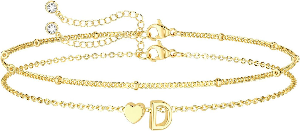 DEARMAY Dainty Initial Heart 14K Gold Plated Bracelets for Women Trendy, Letter Charm Bracelet Jewelry Cute Simple Fashion Chain Gift