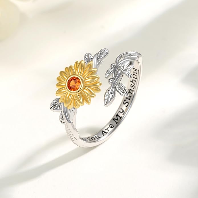 Sunflower Rings for Women, 925 Sterling Silver CZ You are My Sunshine Adjustable Open Band Rings Jewelry Gifts for Girls Size 7-8