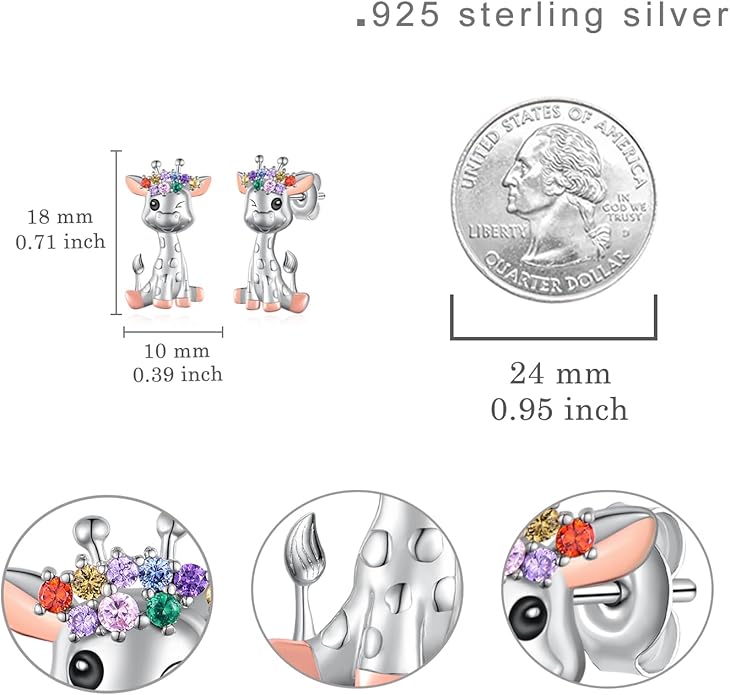 Axolotl/Highland Cow/Panda/Giraffe Stud Earrings 925 Sterling Silver Cute Animal Earrings with with Colored Zircon Animal Jewelry Gift for Girls Women