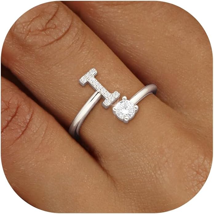 Valentines Day Gifts Gold Silver Initial Rings for Women Non Tarnish Dainty 14k Gold Plated Stackable Rings for Women Trendy Adjustable Letter Cubic Zirconia Pinky Ring Cute Open Birthday Gift Jewelry