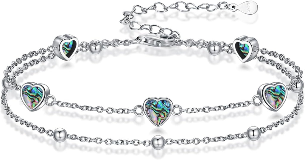 Birthstone Anklet/Bracelets for Women 925 Sterling Silver Charm Link Double Strand Heart Birthstone Jewelry Gift for Wife Women Mother's Day Gift