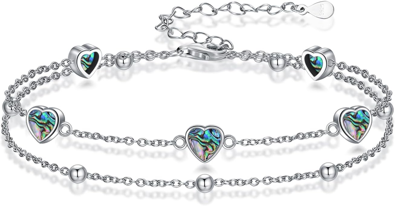 Birthstone Anklet/Bracelets for Women 925 Sterling Silver Charm Link Double Strand Heart Birthstone Jewelry Gift for Wife Women Mother's Day Gift
