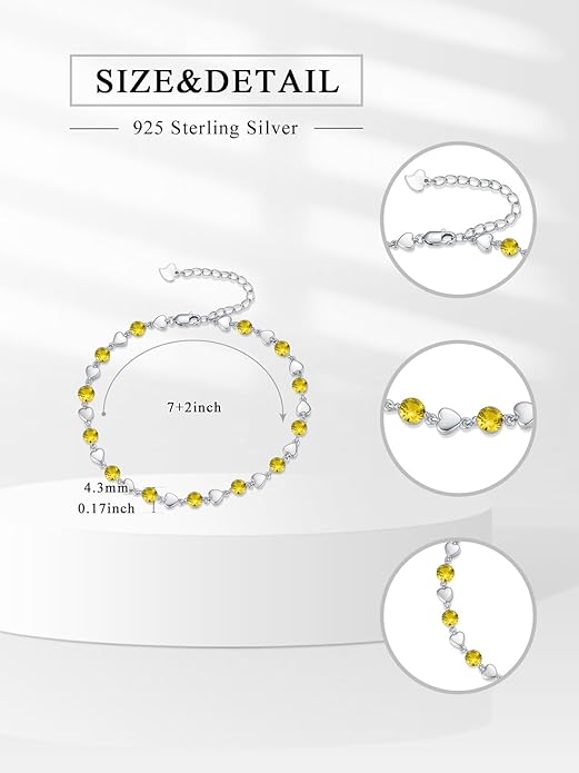 Birthstone Charm Link Bracelet 925 Sterling Silver Rose/Heart/Mom Bracelet with 12 Months Birthstone Mother's Day Gift Jewelry Gifts for Women,Chain Length 7"+2" Extend