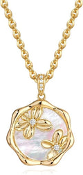 MTMY Birth Flower Necklace 14K Gold Plated Mother of Pearl Disc Birth Month Flower Pendant Necklaces for Women Personalized Custom Floral Jewelry Birthday Gift