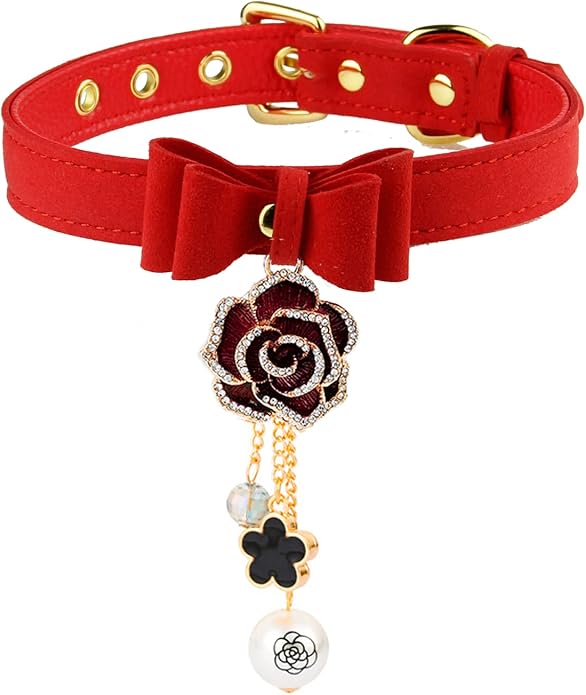 Leather Collar Necklace for Women with Bow Bell Kitty Cat and Delicate Tea flower pearl pendant Choker for Ladies Black Pink Red