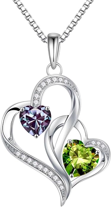 Iefil Valentines Day Gifts for Her - 925 Sterling Silver Double Birthstone Necklace, Heart Necklaces for Women, Anniversary Birthday Gifts, Personalized Jewelry Gift for Wife Mom Girlfriend