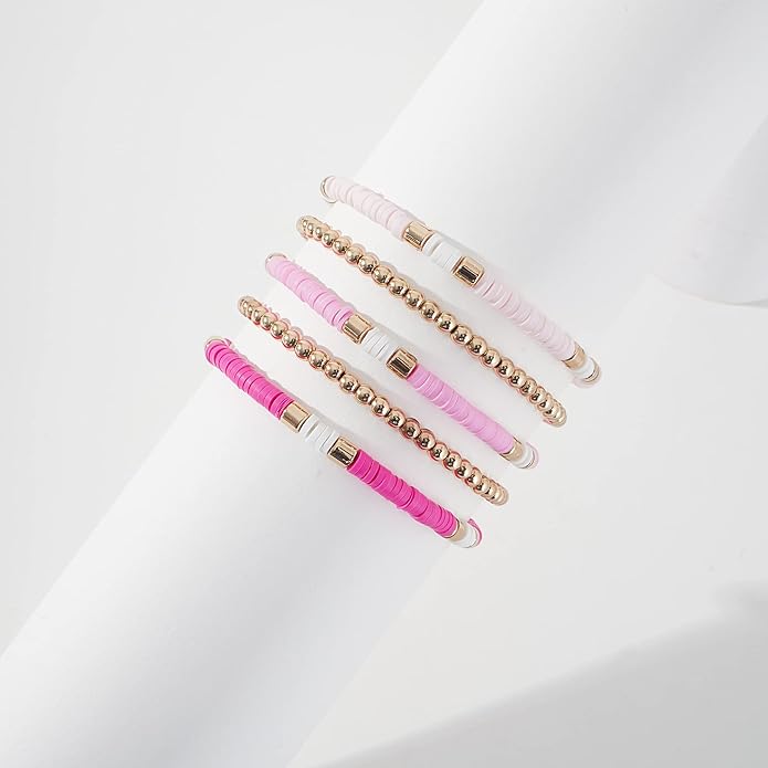 GOOJIDS Surfer Heishi Clay Bead Bracelets for Women Bohemian Stackable Gold Plated Beaded Stretch Bracelets Elastic Layering Friendship Bracelets Set Boho Jewelry