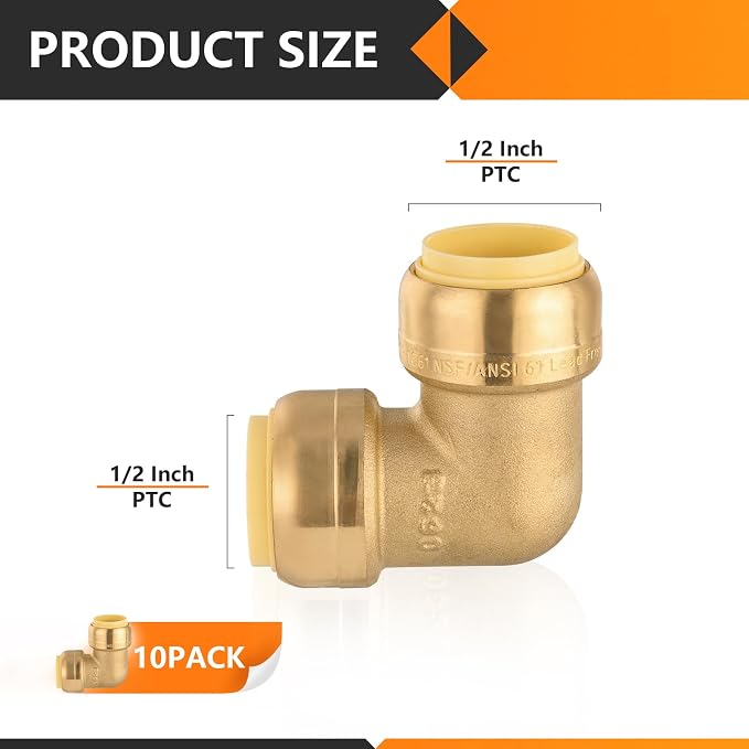 10PC HeSun 1/2" x 1/2" Push-fit 90 Degree Elbow | Brass Push-to-Connect - Image 2