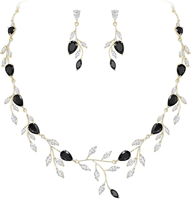 EVER FAITH Wedding Jewelry for Bride Women Bridesmaid, Sparkly Cubic Zirconia Pear-Shaped Birthstone Leaf Necklace Earrings Set for Prom
