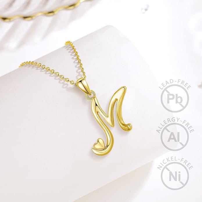 CELESTIA 925 Sterling Silver Initial Necklaces 26 Letter with Rose Gold Heart - 18 Inch Chain