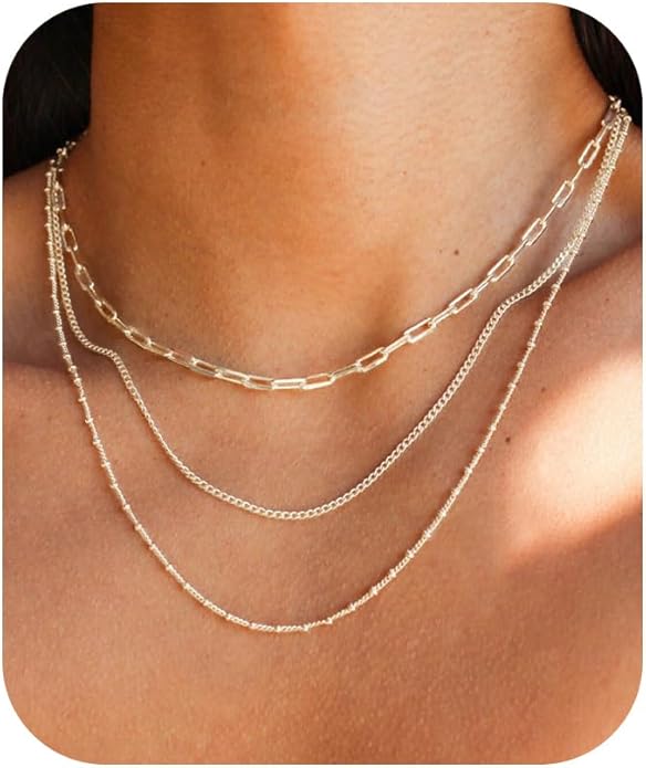 3PCS Gold Necklaces for Women,Chunky Statement Gold Plated Necklace Stack Layered Sterling Silver Herringbone Chains for Women Dainty Trendy Silver Chains Stacked Jewelry Gifts
