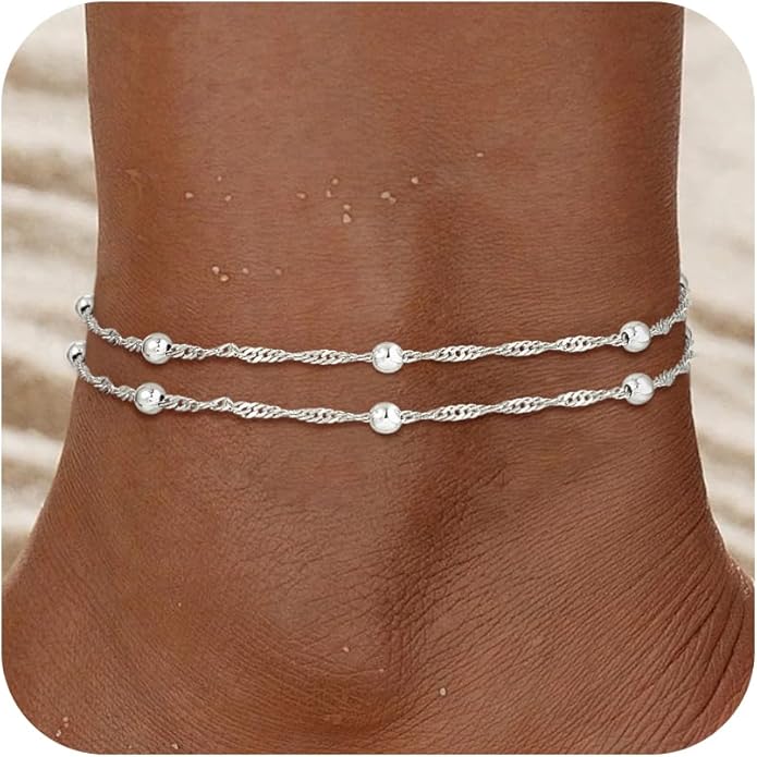 Ankle Bracelets for Women - 14K Gold Plated Waterproof Cuban Water Wave Chain Beads Rhinestone Anklets Set Layered Anklet Bracelets for Women Gold Jewelry Gift