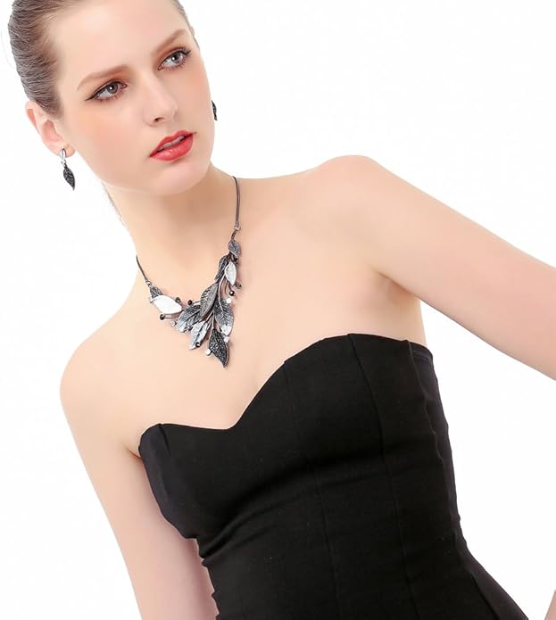 AMYJANE Vintage Statement Jewelry Set - Spring Leaf Flower Floral Plant Necklace Earring Set Crystal Rhinestone Fashion Costume Jewelry for Women Prom Party Unique Gift
