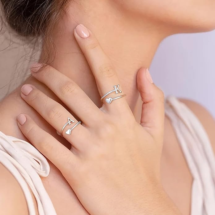 Initial Rings for Women Girls - Valentines Day Gifts for Her, Adjustable Rings for Women Non Tarnish Letter A-Z Dainty Heart Ring Teen Girls Gifts Trendy Stuff Personalized Jewelry Gift