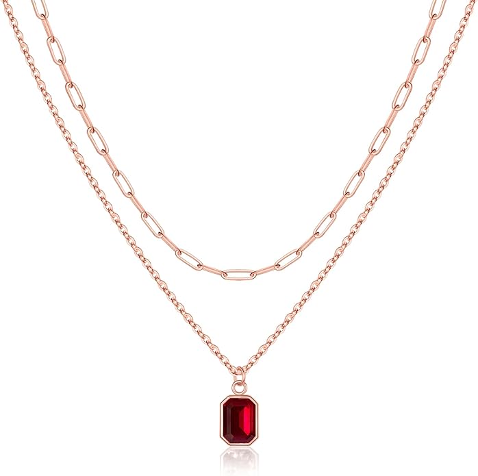 Layered Birthstone Necklace for Women Girls, 14K Gold-Plated Paperclip Chain Choker Necklace with Rectangle Birthstone Pendant Birthday Gifts for Women Girls Dainty Small