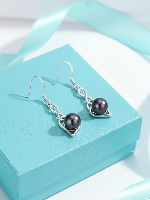 Tahitian Black Pearl Earrings Gifts for Women Wife Celtic Dangle Drop Earrings Wedding Birthday Anniversary Jewelry Valentines Christmas Day Gifts 925 Sterling Silver