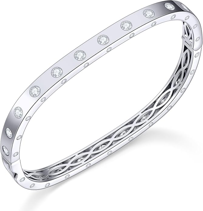 Eternity Bracelets for Women - Cushion Shape Bangle Bracelets | White Gold Bangles Non-Tarnish | Wedding Anniversary Birthday Gifts for Her