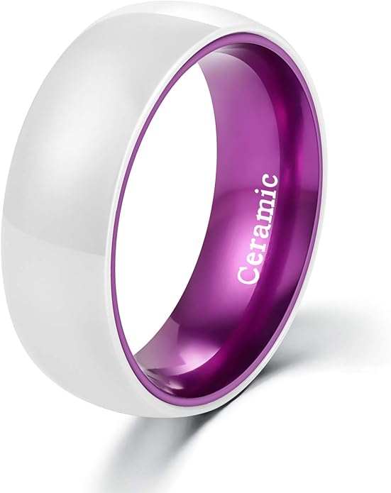 POYA White Ceramic Ring 6mm 8mm Wedding Band for Men Women Inlay Anodized Aluminum Liner Comfort Fit